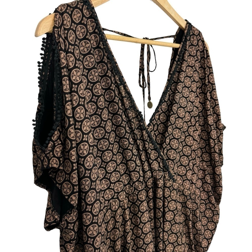 Trendsetter Boho Tunic Top Womens XL Brown Black Cold Shoulder Relaxed Shirt EUC